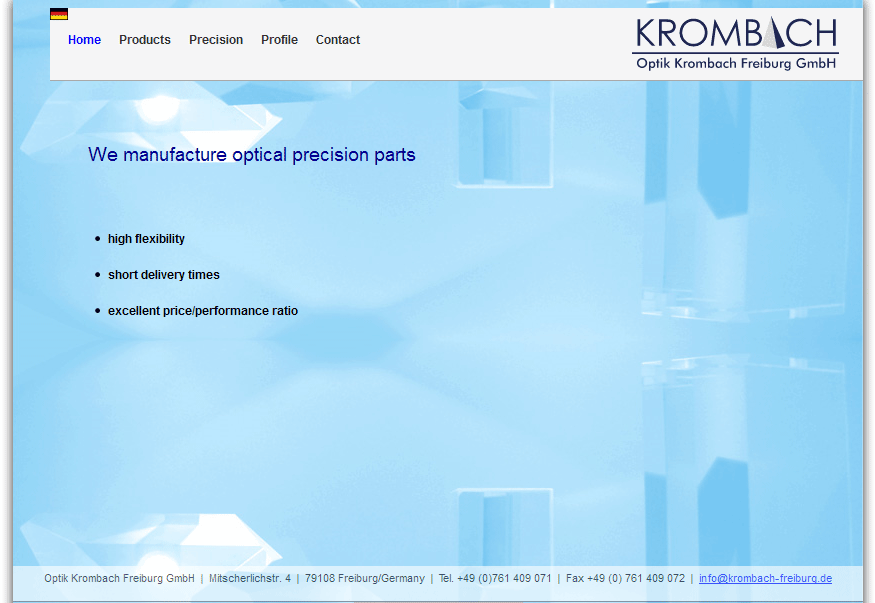flat mirrors, color filters, density filters, wedge glasses, optical windows, optical flats, prisms, Manufacturer, Freiburg, Germany